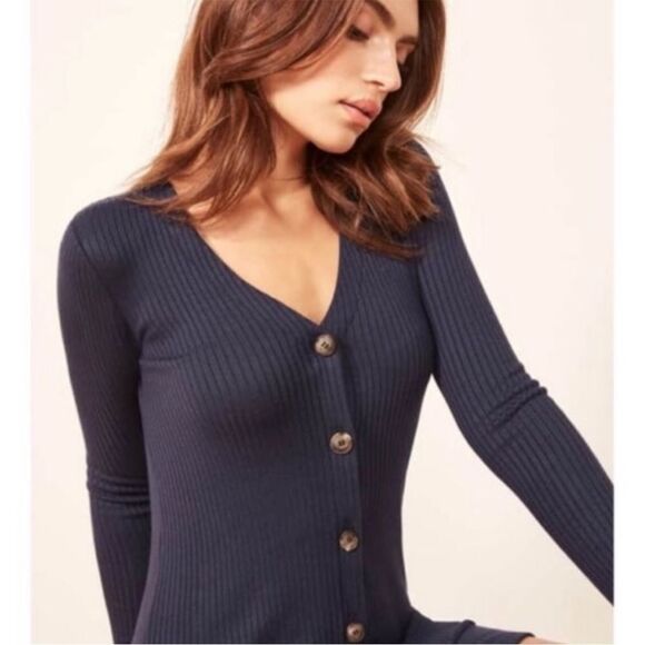 Reformation long sleeve ribbed vneck button front Agatha dress S Navy blue - Picture 4 of 12